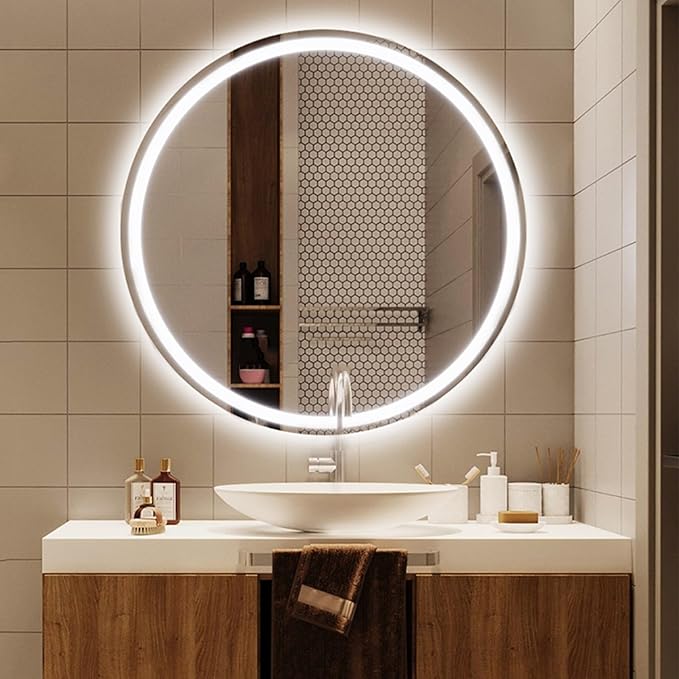 3 Colors LED Bathroom Mirror, Lighted Bathroom Makeup Wall Mounted Mirror with Demister Heat Pad, Touch Switch, Bathroom Vanity Mirror,Dimming Function(A,23.6"/60cm)