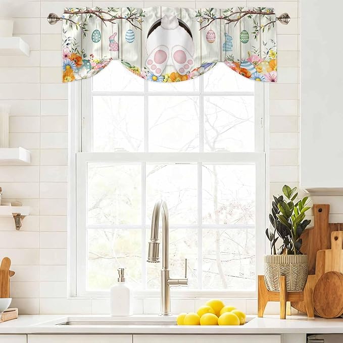 Easter Tie Up Valance Curtains for Windows, Kitchen Curtains Window Shades, Spring Farmhouse Watercolor Bunny Eggs Wood Grain Light Filtering Roman Curtain Valances for Bedroom/Bathroom/Cafe 42"x18"