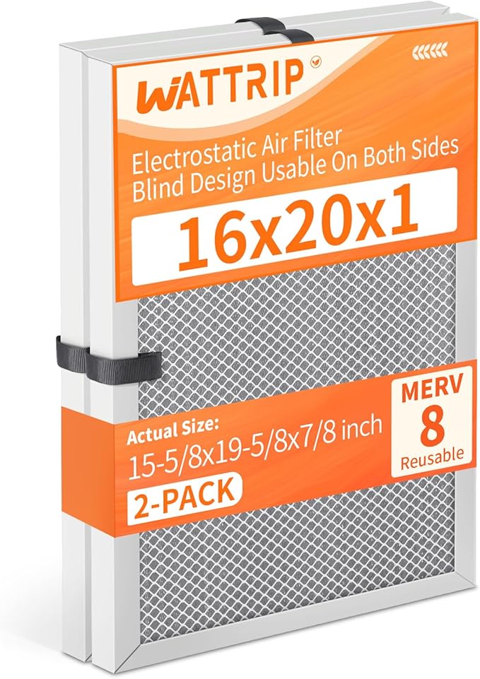 2-Pack 16x20x1 MERV 8 Reusable & Washable Electrostatic Air Filters - Long-Lasting Filter for HVAC, Furnace & Air Conditioner Units, Actual Size: 15-5/8” x 19-5/8” x 7/8”