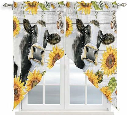 Retro Farmhouse Floral Swag Valances for Windows, Yellow Sunflowers Cows Butterfly Wood Rod Pocket Kitchen Curtains Valance, Small Window Curtains Swag for Cafe Living Room, 2 Panels, 36x36 inch