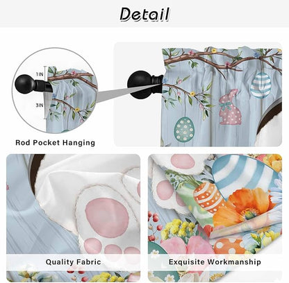 Easter Kitchen Tier Curtains 45 Inch Long 2 Panel Set,Rod Pocket Short Window Treatment,Spring Watercolor Bunny Eggs Flower Wood Grain Blue Light Filtering Curtains & Drapes for Bathroom 27.5"W x 45"L