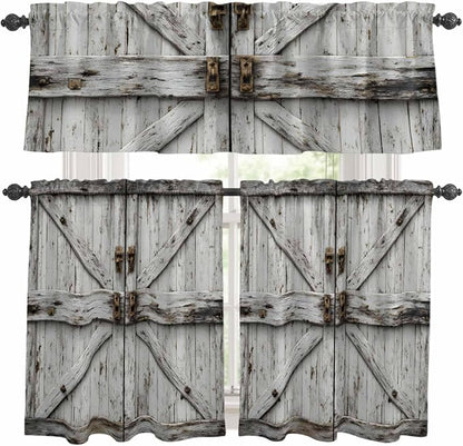Kitchen Curtains Tiers and Valance Set of 3, Vintage Gate Light Filtering Window Curtain Set, Farmhouse Wooden Grain Shabby Chic Door Rod Pocket Curtain Drapes for Cafe, Living Room, 36 Inches Tiers