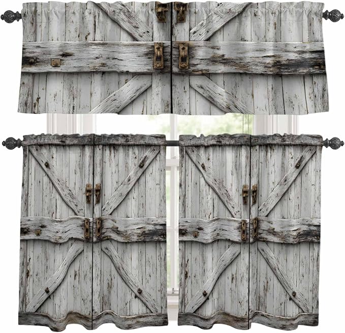 Kitchen Curtains Tiers and Valance Set of 3, Vintage Gate Light Filtering Window Curtain Set, Farmhouse Wooden Grain Shabby Chic Door Rod Pocket Curtain Drapes for Cafe, Living Room, 24 Inches Tiers
