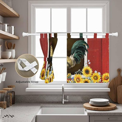Chicken Sunflowers Kitchen Curtains 24 Inch Length, Small Window Curtains Tab Top, Farmhouse Animals Red Barn Bees Light Filtering Short Window Treatments Tier Drapes 27.5"x24" 2 Panel