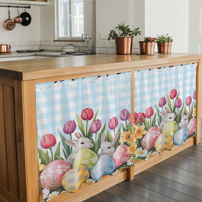 Easter Kitchen Tier Curtains 24 Inch Long 2 Panel Set,Rod Pocket Cafe Small Window Curtains Over Sink,Spring Bunny Colorful Eggs Tulip Flowers Blue Check Light Filtering Short Drapes 27.5"W x 24"L
