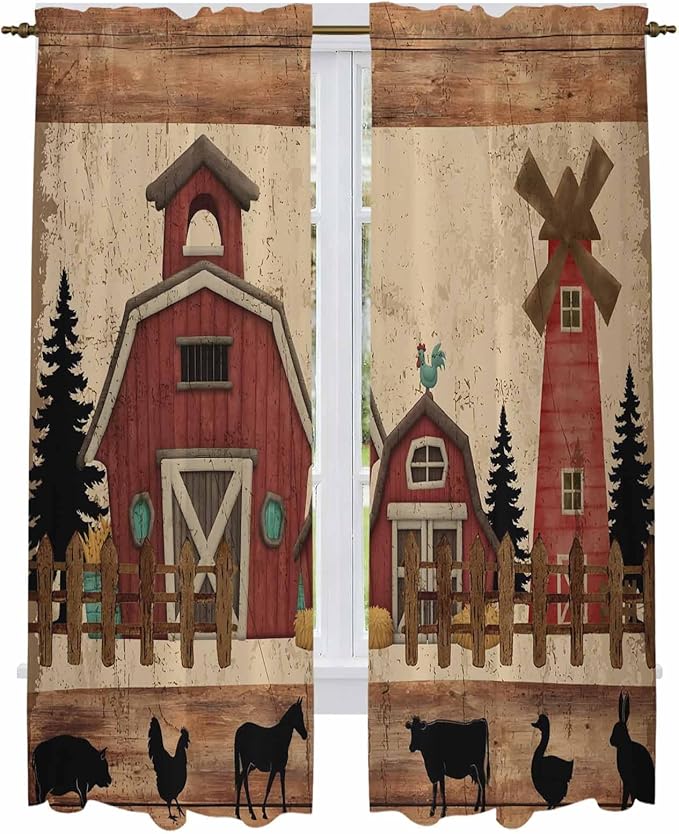 Brown Farmhouse Kitchen Curtains, Vintage Country Animals Wooden Grain Light Filtering Window Curtain Panels, 2Pcs Rod Pocket Window Treatments Set for Living Room Bathroom Bedroom 52x72 Inches