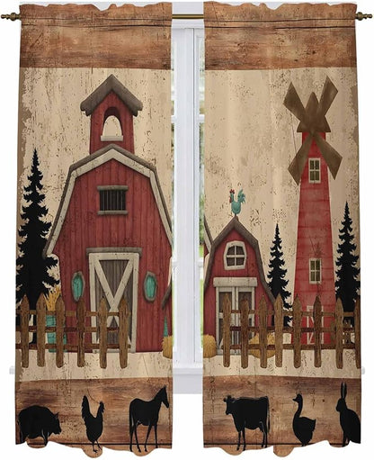 Brown Farmhouse Kitchen Curtains, Vintage Country Animals Wooden Grain Light Filtering Window Curtain Panels, 2Pcs Rod Pocket Window Treatments Set for Living Room Bathroom Bedroom 52x72 Inches