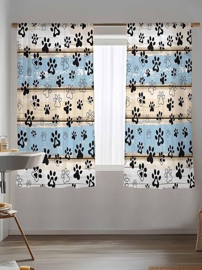Sheer Curtains 63 Inch Length, Blue Beige Paw Print Semi Sheer Curtains Light Filtering Window Treatment, Vintage Farmhouse Rustic Wooden Grain Privacy Voile Drapes for Living Room Bedroom 52x63 Inch