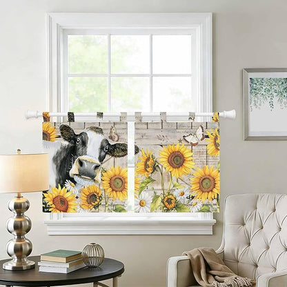 Yellow Sunflowers Kitchen Curtains 36 Inch Length, Small Window Curtains Tab Top, Farmhouse Cow Barn Doors Floral Butterfly Light Filtering Short Window Treatments Tier Drapes 27.5"x36" 2 Panel