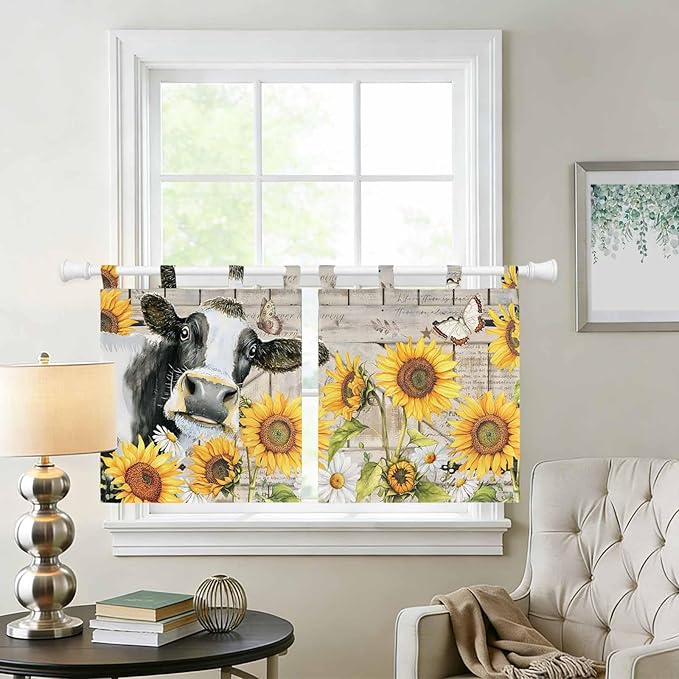 Yellow Sunflowers Kitchen Curtains 24 Inch Length, Small Window Curtains Tab Top, Farmhouse Cow Barn Doors Floral Butterfly Light Filtering Short Window Treatments Tier Drapes 27.5"x24" 2 Panel