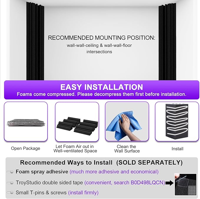 TroyStudio Bass Traps - 12 Pcs 4 X 4 X 12 Inches Dense Thick Studio Bass Foam Corner, Acoustic Treatment Panel Absorbing Echo Reverb, Low Frequency Sound Absorber for Music Room Home Recording Studio