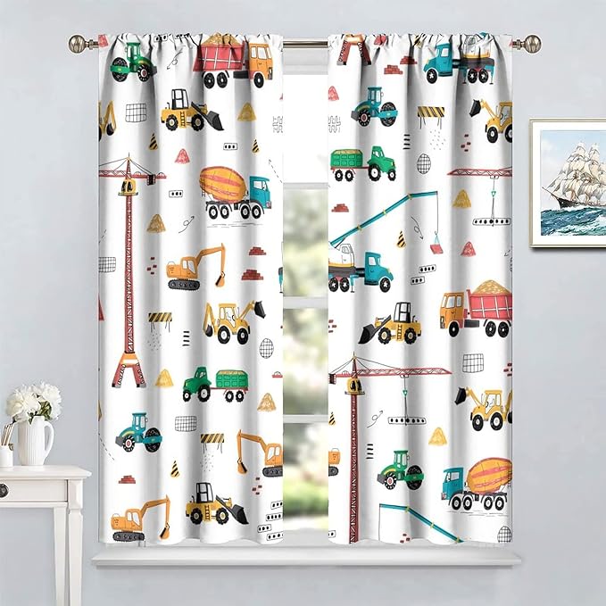 Construction Window Curtains, Kids Cartoon Construction Machines Building Hand Drawn Doodle Rod Pocket Decorative Windows Curtain for Children Teens Room Decor 63x63in (30% Blackout)