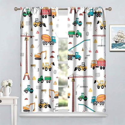 Construction Window Curtains, Kids Cartoon Construction Machines Building Hand Drawn Doodle Rod Pocket Decorative Windows Curtain for Children Teens Room Decor 63x63in (30% Blackout)