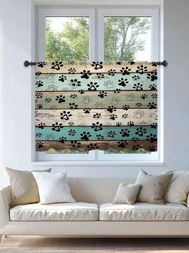 Sheer Curtains 45 Inch Length, Sage Green Brown Paw Prints Semi Sheer Curtains Light Filtering Window Treatment, Vintage Farmhouse Wooden Grain Privacy Voile Drapes for Living Room Bedroom 52x45 Inch