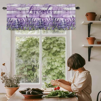 Kitchen Valances for Window, Retro Lavender on Farm Wood Grain Light Filtering Rod Pocket Valance Curtain, Watercolor Purple Flowers Short Curtains Window Topper for Bedroom Living Room 42x12in