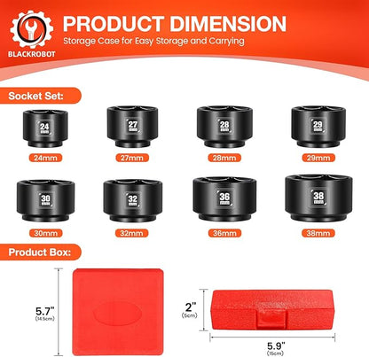 BLACKROBOT 8 Pieces 3/8” Drive Low Profile Oil Filter Socket Set, Metric Size 24mm 27mm 28mm 29mm 30mm 32mm 36mm 38mm, Chrome Vanadium Steel, 6 Point, Oil Filter Cap Remover and Installer Tool Set