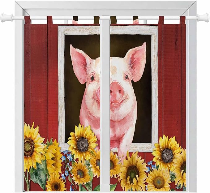 Pigs Sunflowers Bedroom Curtains 72 Inch Length, Window Curtains Tab Top, Farmhouse Red Barn Flowers Animals Light Filtering Window Treatments Drapes 52"x72" 2 Panel
