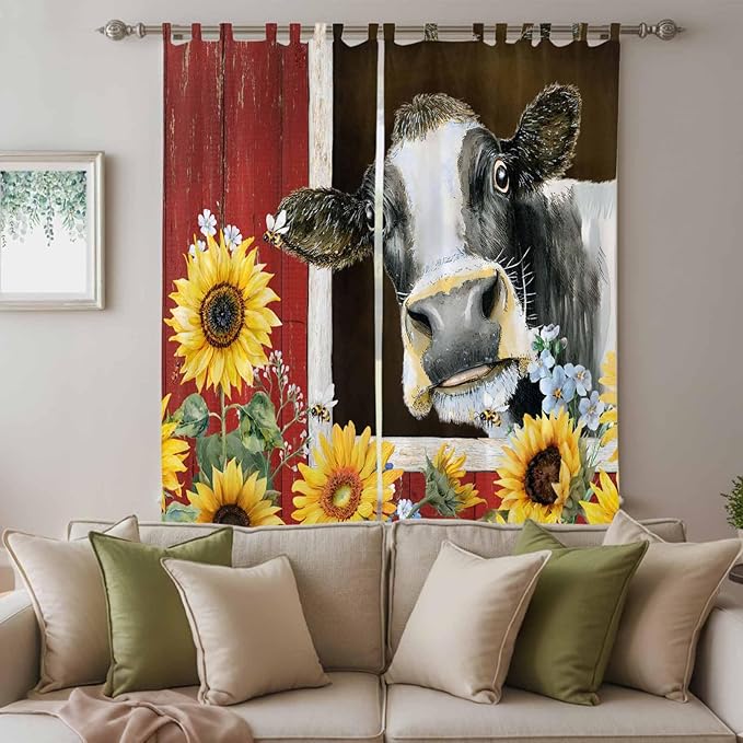Cows Sunflowers Living Room Curtains 96 Inch Length, Window Curtains Tab Top, Rustic Farms Barns Flowers Bees Animals Light Filtering Window Treatments Drapes 52"x96" 2 Panel