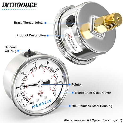 MEANLIN MEASURE -30inHG~60Psi Vacuum Gauge Stainless Steel 1/4" NPT 2" FACE DIAL Waterproof for Air Compressor HVAC Negative Pressure Hand Pump Pool Back Mount with 1/2" NPT and 3/8" NPT Hex Bushing