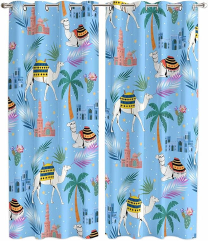 2 Panel Kitchen Cafe Curtains, Desert Landscape Sunlight Filtering Nature Air Through, Home Decor Window Covering Tier Curtains for Living Room 80W x 84L inch Cute Camels Palm Trees Houses Leaves Blue