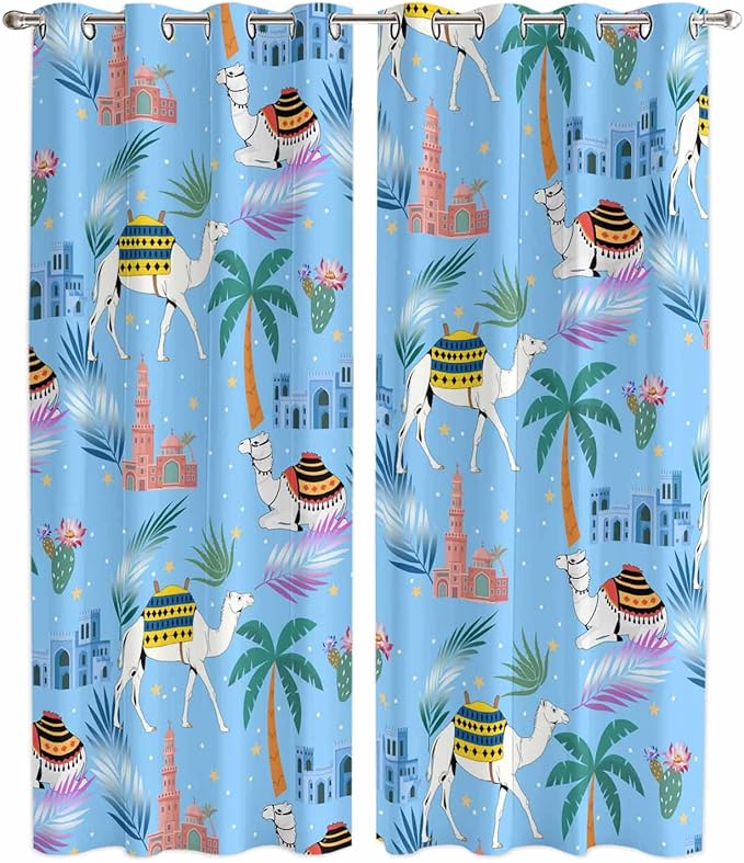 2 Panel Kitchen Cafe Curtains, Desert Landscape Sunlight Filtering Nature Air Through, Window Decor Tier Curtains for Living Room 104W x 90L inch Cute Camels Palm Trees Houses Leaves Blue