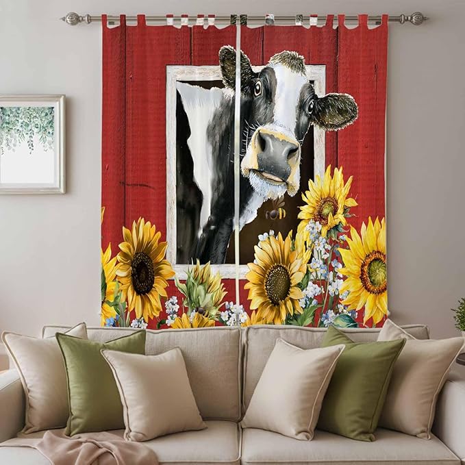 Cows Sunflowers Living Room Curtains 84 Inch Length, Window Curtains Tab Top, Spring Botanical Floral Bees Red Barn Light Filtering Window Treatments Drapes 52"x84" 2 Panel