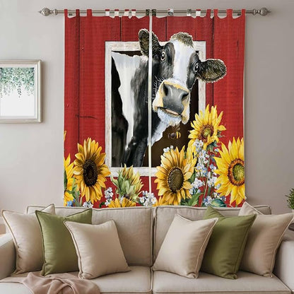Cows Sunflowers Living Room Curtains 96 Inch Length, Window Curtains Tab Top, Spring Botanical Floral Bees Red Barn Light Filtering Window Treatments Drapes 52"x96" 2 Panel