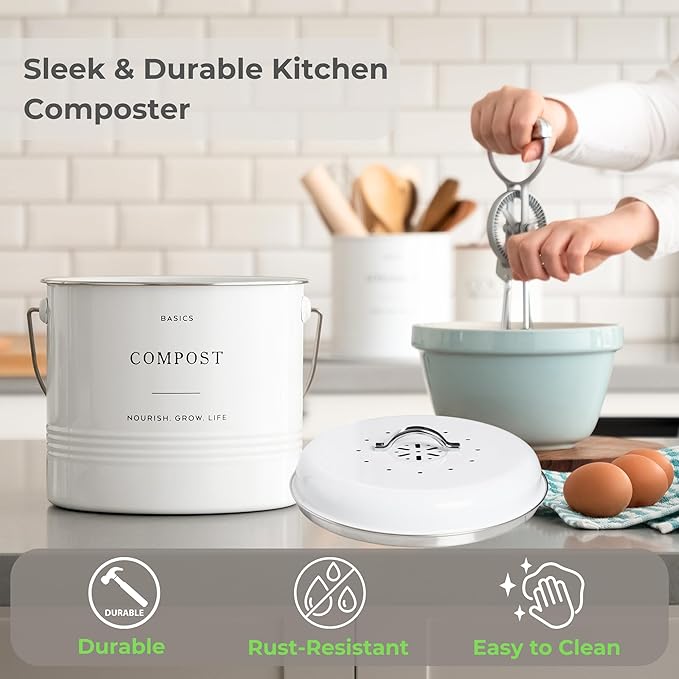 D'Lifeful Kitchen Compost Bin – 1.3 Gallon Countertop Farmhouse Compost Container with Lid – Odorless Indoor Food Scrap Pail with 6 Charcoal Filters – Eco-Conscious and Easy to Clean - White