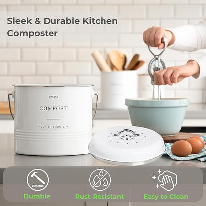 D'Lifeful Kitchen Compost Bin – 1.3 Gallon Countertop Farmhouse Compost Container with Lid – Odorless Indoor Food Scrap Pail with 6 Charcoal Filters – Eco-Conscious and Easy to Clean - White