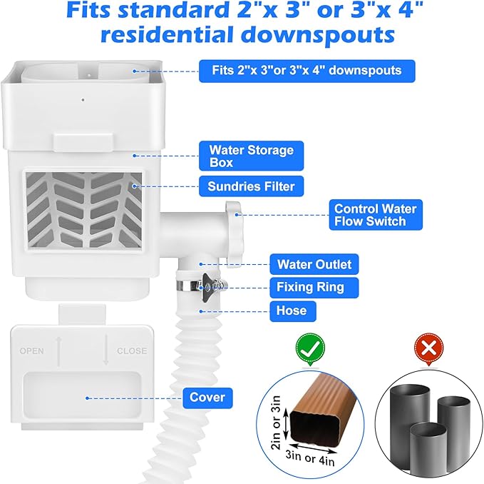 WADEO Rainwater Collection System, Rain Barrel Diverter Kit Fits for 2"x 3" or 3"x 4" Residential Downspouts, Downspout Diverter with Adjustable Valve and Filter, 5FT Hose, White