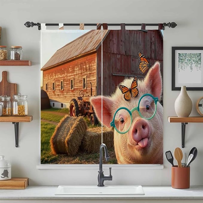 Farm Pig Living Room Curtains 84 Inch Length, Window Curtains Tab Top, Farmhouse Barn Funny Animals Butterfly Light Filtering Window Treatments Drapes 42"x84" 2 Panel