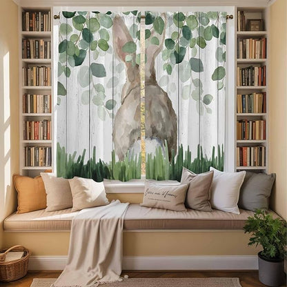 Easter Kitchen Curtains, Country Rabbit Botanical Leaves Wooden Grain Light Filtering Window Curtain Panels, 2Pcs Rod Pocket Window Treatments Set for Living Room Bathroom Bedroom 42x63 Inches