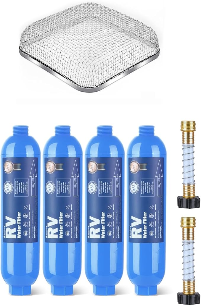 SheeChung RV Furnace Vent Screen, Flying Insect Screen Water Heater Cover for Camper, 4.5 x 4.5 x 1.3 Inch and RV Water Filter 4 Pack with Flexible Hose Protector