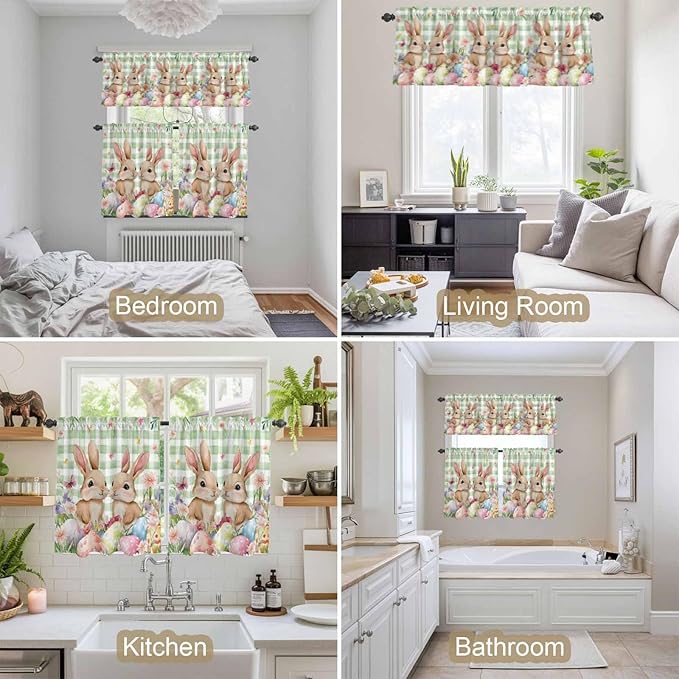 Easter Kitchen Curtains Set 3 Piece for Windows, Rod Pocket Valance and Tier Set 24 Inch Length, Spring Rabbit Eggs Flower Butterfly Green Plaid Light Filtering Cafe Curtains for Living Room Bathroom