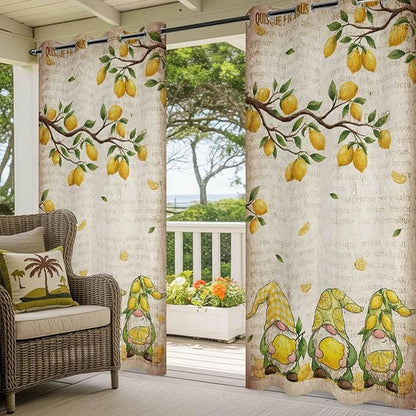 Summer Gnome Outdoor Curtains for Patio Gnome Lemon Leaf Vintage Waterproof Outside Curtains with Grommet Top Weatherproof Curtain for Cabana Pergola Gazebo, 1 Panel, 54" W x 108" L