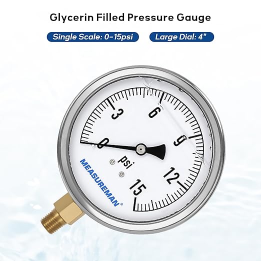 MEASUREMAN Glycerin Filled Plumbing Pressure Gauge 0-15psi Stainless Steel Case, 4" Dial 1/4" NPT Brass Lower Mount, Suitable for Water Systems, Pneumatic Equipment, RVs, Home Plumbing