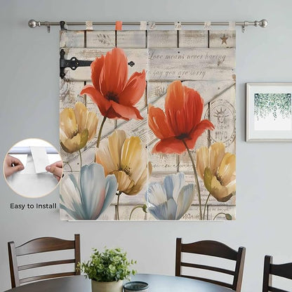 Retro Floral Living Room Curtains 84 Inch Length, Window Curtains Tab Top, Red Yellow Tulips Barm Doors Farmhouse Wooden Light Filtering Window Treatments Drapes 42"x84" 2 Panel
