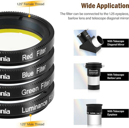 Astromania Deluxe Telescope LRGB 1.25 Inch Filter Set - Colour Filters for Use with Monochrome CCD Cameras - Give Stunning Astrophotographic Results