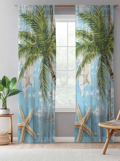 Sheer Curtains 84 Inches Long, Coastal Beach Blue Semi Sheer Curtains Light Filtering Window Treatment, Tropical Coconut Tree Vintage Wood Grain Privacy Voile Drapes for Living Room Bedroom 52x84 Inch