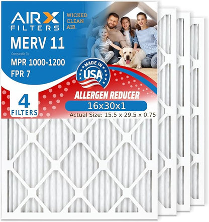 AIRX FILTERS WICKED CLEAN AIR. 16x30x1 Air Filter MERV 11 Electrostatic Pleated Air Conditioner Filter 4 Pack HVAC AC Furnace Filters