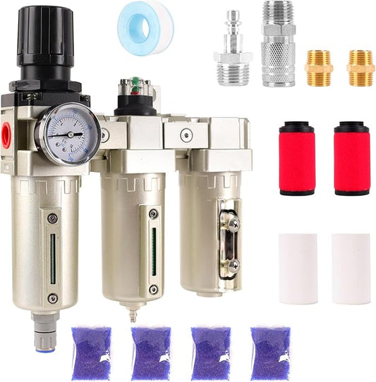 1/2" NPT Industrial Grade 3 Stage Air Compressor Drying System, 0-240 PSI, Particulate & Coalescing Filters, Auto Drain Air Compressor Water Separator System Filter Oil for Paint Spray＆ Plasma Cutter