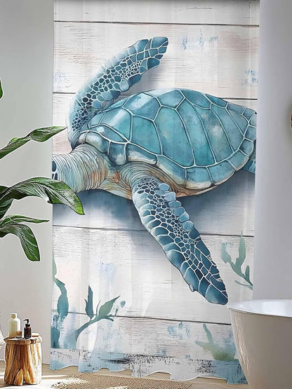Sheer Curtains 108 Inches Long, Teal Green Sea Turtle Semi Sheer Curtains Light Filtering Window Treatment, Summer Ocean Seaweed Wood Grain Privacy Voile Drapes for Living Room Bedroom 52x108 Inch