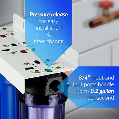 iSpring WCB32+AHPF12MNPT12X2 Whole House Water Filter System, Reduces up to 99% Chlorine, 3-Stage Water Filtration System w/Clear 1st-Stage Housing & 3/4" Push-fit Stainless Steel Hose Connectors