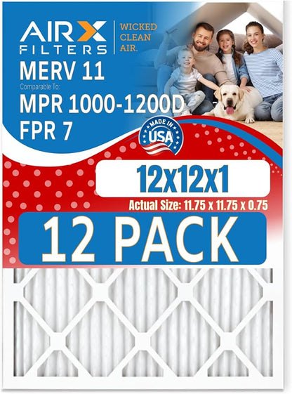 12x12x1 Air Filter MERV 11 Rating, 12 Pack of Furnace Filters Comparable to MPR 1000, MPR 1200 & FPR 7 - Made in USA by AIRX FILTERS WICKED CLEAN AIR.