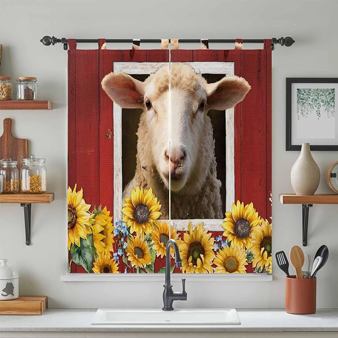 Sheep Sunflower Bathroom Curtains 63 Inch Length, Window Curtains Tab Top, Country Red Farm Barn Spring Flowers Light Filtering Window Treatments Drapes 52"x63" 2 Panel