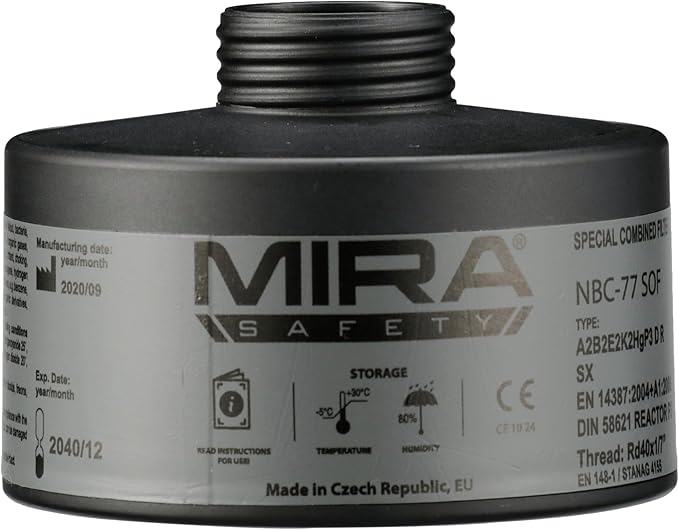 MIRA SAFETY M Gas Mask Filter - Certified CBRN Filter for Full Face Respirator Mask, 40 mm NATO Gas Mask Filter, Longest 20 Year Shelf Life, Vacuum Sealed NBC Filters, Compatible with Mira Gas Mask