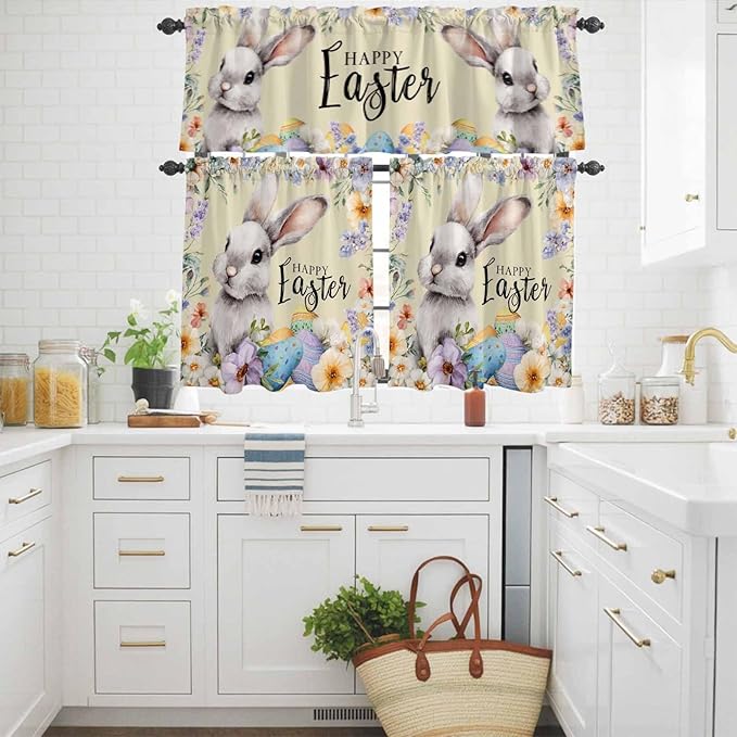 Happy Easter Kitchen Curtains Set 3 Piece for Windows,Rod Pocket Valance and Tier Set 24 Inch Length,Spring Grey Bunny Colorful Eggs Flower Brown Light Filtering Cafe Curtains for Living Room