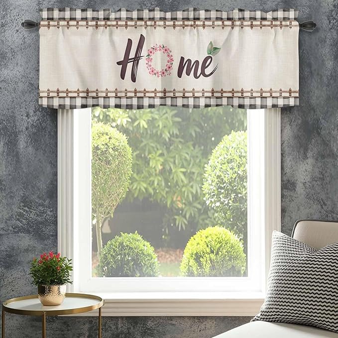 Spring Flowers Curtain Valances for Windows, Kitchen Valance Window Treatment, Vintage Watercolor Black Plaid on Linen Light Filtering Block Curtains for Bathroom/Bedroom/Living Room 60'' x 18''