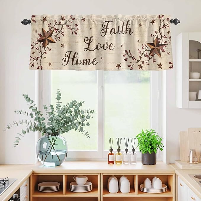 Kitchen Curtains Tiers and Valance Set of 3, Brown Farmhouse Light Filtering Window Curtain Set, Retro Country Stars Rustic Branches Berry Rod Pocket Curtain Drapes for Living Room, 36 Inches Tiers