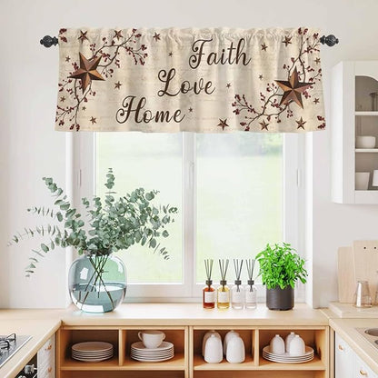 Kitchen Curtains Tiers and Valance Set of 3, Brown Farmhouse Light Filtering Window Curtain Set, Retro Country Stars Rustic Branches Berry Rod Pocket Curtain Drapes for Living Room, 36 Inches Tiers